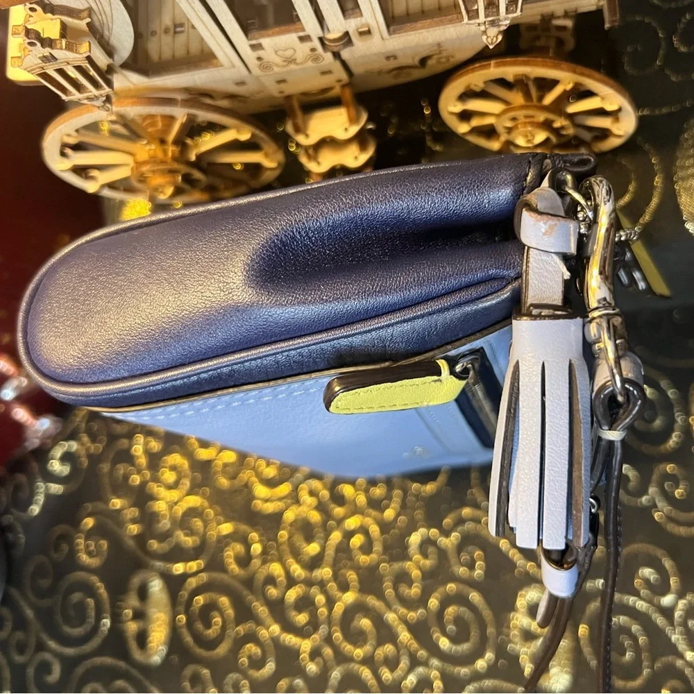 Coach Navy and Light Blue Leather Wristlet with Yellow Accent